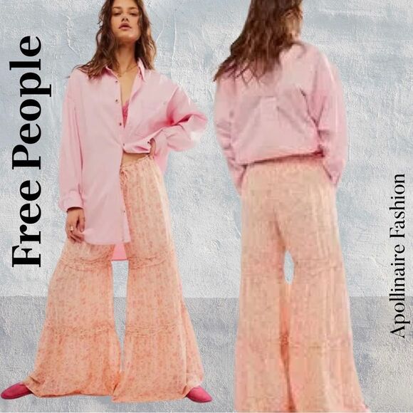 FREE PEOPLE EMMALINE TIERED PULLON PANTS WIDE LEG IN PEACH COMBO NEW - Picture 1 of 12